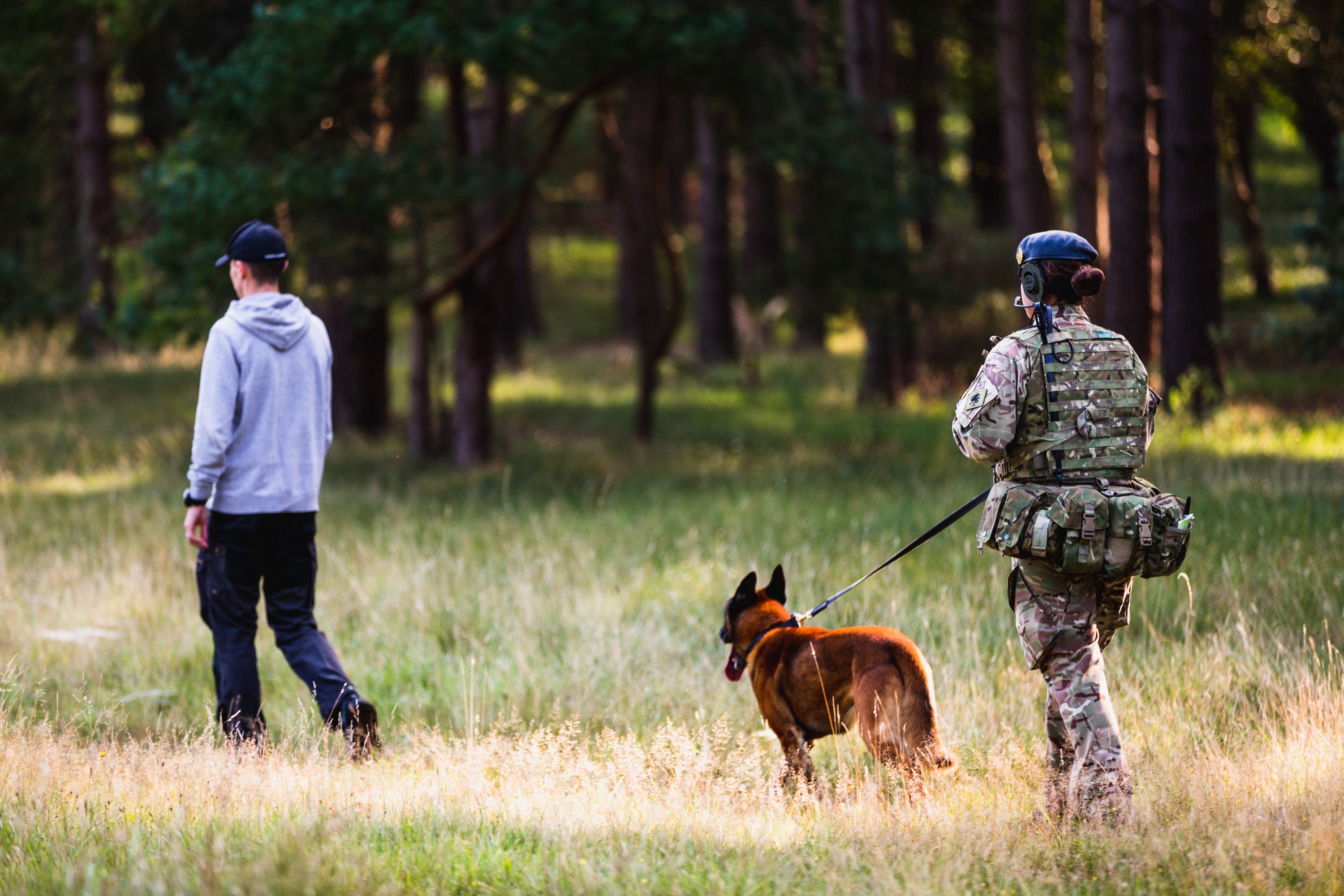 RAF Police walks dog in field.